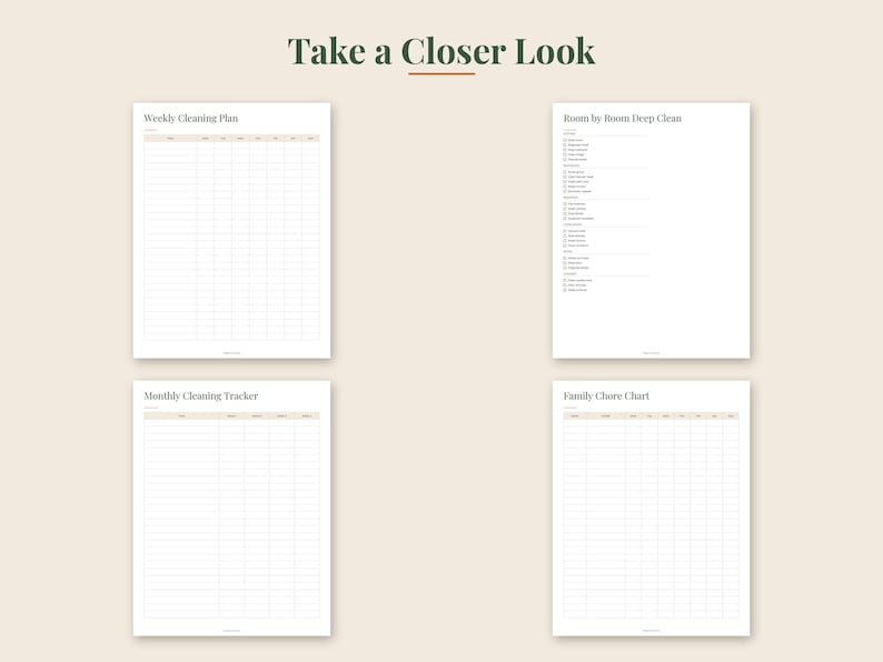 May include: Four white printable planner pages with dark text on a light background. The pages are titled Weekly Cleaning Plan, Room by Room Deep Clean, Monthly Cleaning Tracker, and Family Chore Chart, featuring grids and checklists for organization.