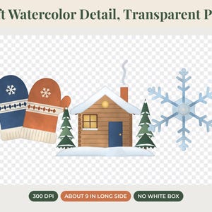 May include: A digital illustration featuring a blue mitten with a white snowflake, an orange mitten with a white snowflake, a log cabin with a blue door and chimney smoke, two green pine trees, and a large blue snowflake on a transparent background.