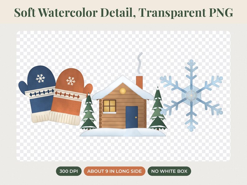 May include: A digital illustration featuring a blue mitten with a white snowflake, an orange mitten with a white snowflake, a log cabin with a blue door and chimney smoke, two green pine trees, and a large blue snowflake on a transparent background.