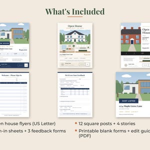 May include: A collection of real estate marketing templates including three open house flyers, three sign-in sheets, and three feedback forms. The designs feature illustrations of houses, text labels like Open House and Just Listed, and layout grids.