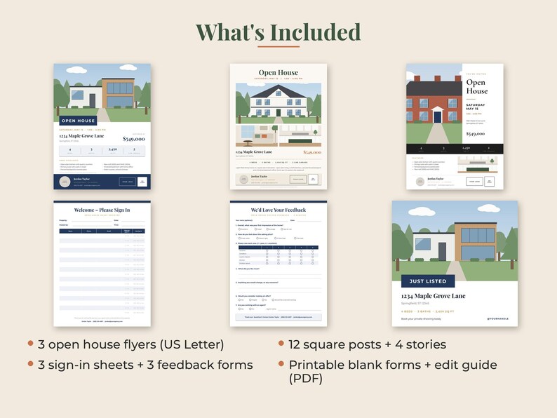 May include: A collection of real estate marketing templates including three open house flyers, three sign-in sheets, and three feedback forms. The designs feature illustrations of houses, text labels like Open House and Just Listed, and layout grids.