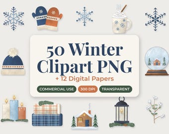 Winter Clipart PNG Bundle, Commercial Use, Snowflake Cozy Cocoa Mittens, Watercolor Digital Paper
