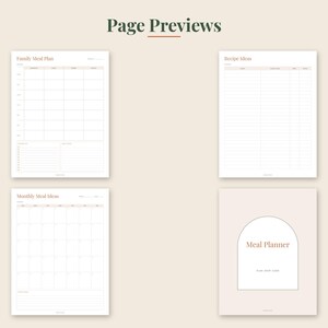 May include: Four pages of a meal planner with a light beige background and dark text. The pages include a Family Meal Plan, Recipe Ideas, Monthly Meal Ideas, and a cover page featuring an arched design with the text Meal Planner.