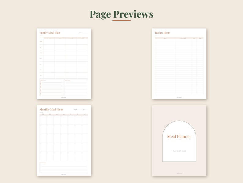 May include: Four pages of a meal planner with a light beige background and dark text. The pages include a Family Meal Plan, Recipe Ideas, Monthly Meal Ideas, and a cover page featuring an arched design with the text Meal Planner.