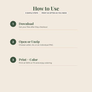 May include: An instructional graphic titled How to Use with 3 simple steps. Step 1: Download, get your files after Etsy checkout. Step 2: Open or Unzip, choose Letter, A4, or an individual PNG. Step 3: Print + Color, print at 100% or Fit and enjoy coloring.