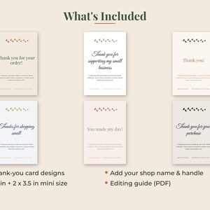 Peut inclure: Six cartes de remerciement rectangulaires avec divers textes tels que Thank you for your order, supporting my small business, Thank you!, Thanks for shopping small, You made my day! et Thank you for your purchase, orn&eacute;es de motifs de feuilles.