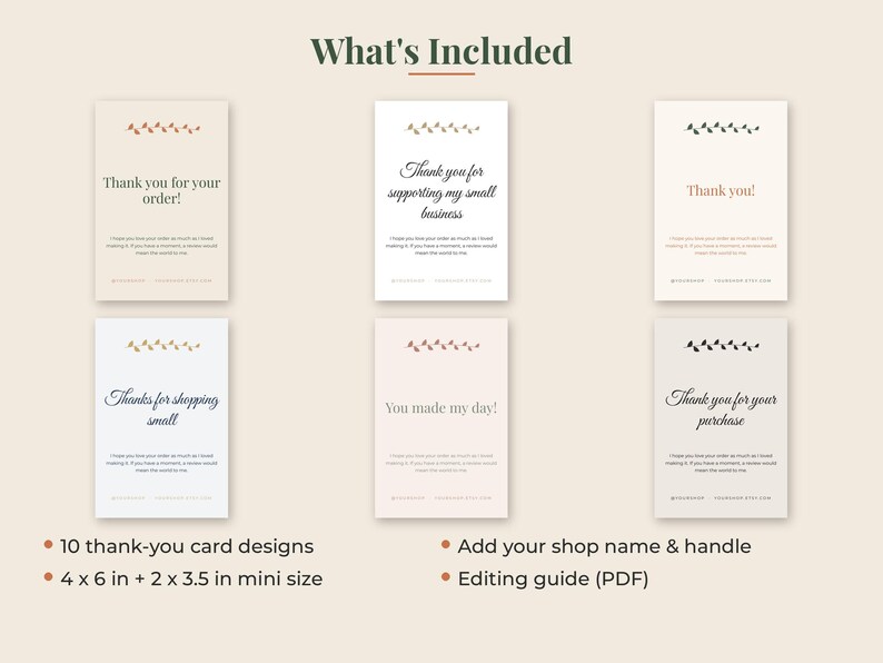 Peut inclure: Six cartes de remerciement rectangulaires avec divers textes tels que Thank you for your order, supporting my small business, Thank you!, Thanks for shopping small, You made my day! et Thank you for your purchase, orn&eacute;es de motifs de feuilles.