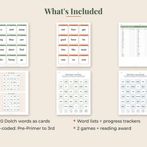 May include: A collection of educational printables including Dolch word cards with green and orange headers, word lists with progress trackers, and Roll and Read game sheets. The documents feature grids of sight words, dice icons, and text labels.