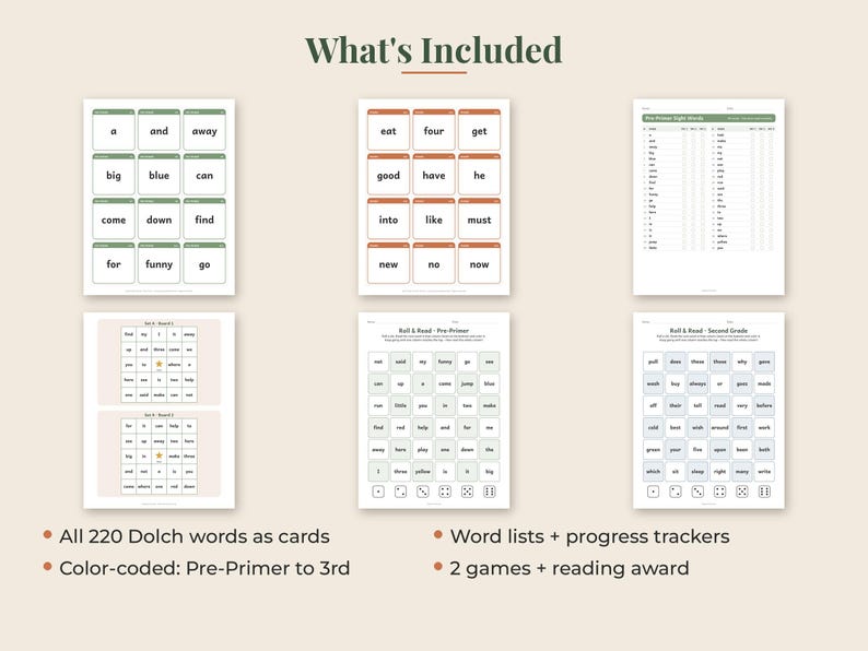 May include: A collection of educational printables including Dolch word cards with green and orange headers, word lists with progress trackers, and Roll and Read game sheets. The documents feature grids of sight words, dice icons, and text labels.