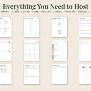 May include: A digital event planning organizer featuring twelve white pages with black text and minimalist line graphics. The header reads Everything You Need to Host, followed by categories including Countdown, Guests, Seating, Menu, Recipes, Grocery, Timelines, and Budget.