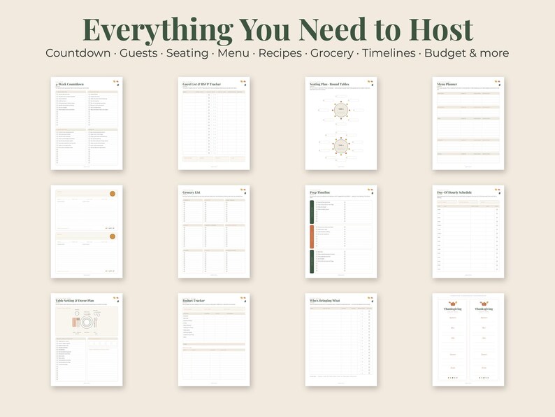 May include: A digital event planning organizer featuring twelve white pages with black text and minimalist line graphics. The header reads Everything You Need to Host, followed by categories including Countdown, Guests, Seating, Menu, Recipes, Grocery, Timelines, and Budget.