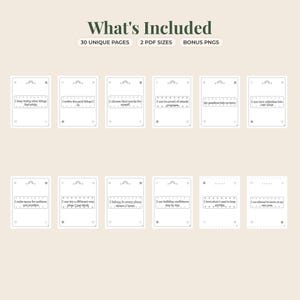 May include: A digital collection of 30 unique printable pages featuring positive affirmations in black outlines on white backgrounds. The text includes phrases like I keep trying when things feel tricky and I can turn mistakes into new ideas.