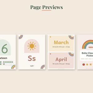 May include: Four educational posters featuring muted earth tones and rainbow motifs. The posters display the number 16, the letter S with a sun icon, the months March and April, and a title page labeled Boho Classroom Posters with icons.