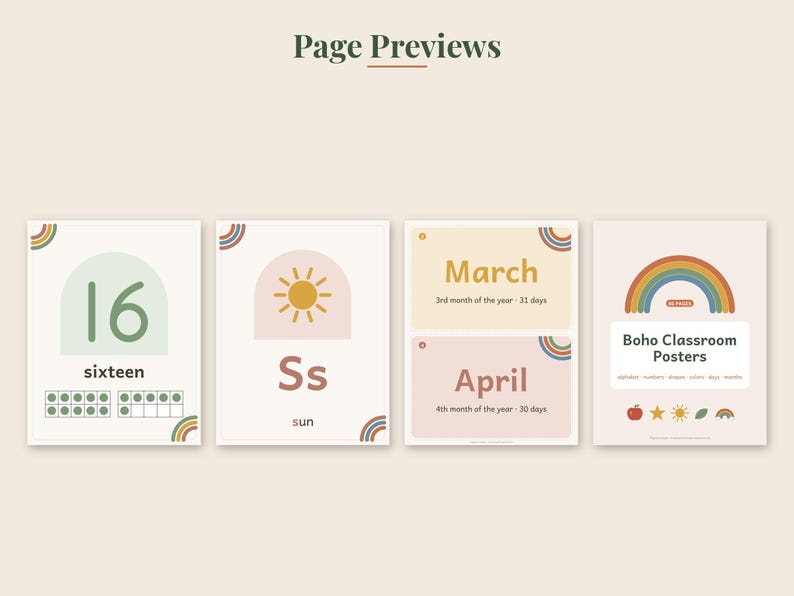 May include: Four educational posters featuring muted earth tones and rainbow motifs. The posters display the number 16, the letter S with a sun icon, the months March and April, and a title page labeled Boho Classroom Posters with icons.