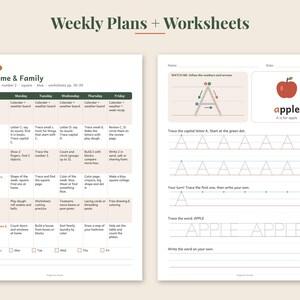 May include: Two educational worksheets titled Weekly Plans + Worksheets. The left page is a weekly schedule for My Home & Family with columns for Monday through Friday. The right page features a tracing exercise for the letter A and the word apple.