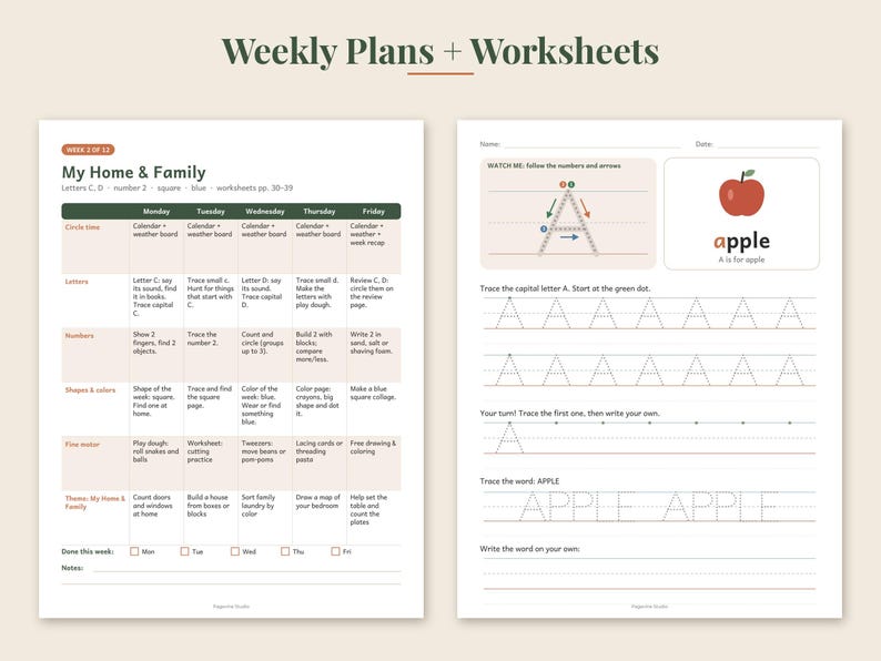 May include: Two educational worksheets titled Weekly Plans + Worksheets. The left page is a weekly schedule for My Home & Family with columns for Monday through Friday. The right page features a tracing exercise for the letter A and the word apple.