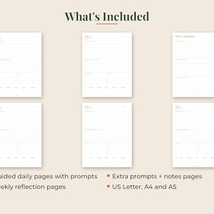 Peut inclure: Six pages de planificateur num&eacute;rique blanches dispos&eacute;es en grille, avec des en-t&ecirc;tes comme Day 1, Day 2 et Week 1 Reflection. Le texte en bas indique 90 pages quotidiennes guid&eacute;es, 12 pages de r&eacute;flexion hebdomadaire, des notes et formats A4, A5.
