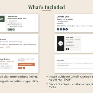 May include: Six distinct email signature templates featuring professional contact details for individuals including Alex Morgan, Jordan Lee, Sam Rivera, Taylor Reed, Casey Brooks, and Riley Parker, with text indicating HTML files and installation guides.