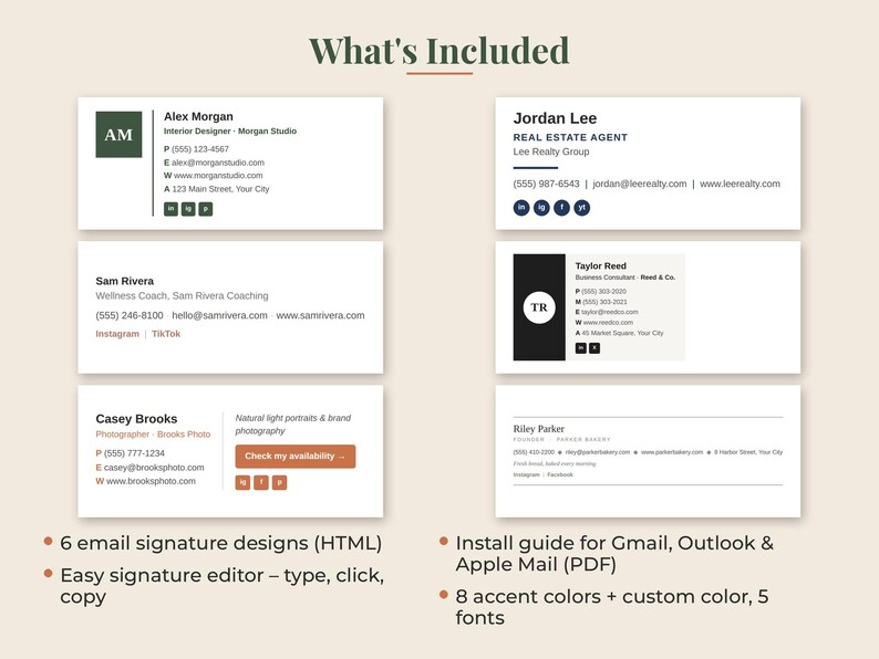 May include: Six distinct email signature templates featuring professional contact details for individuals including Alex Morgan, Jordan Lee, Sam Rivera, Taylor Reed, Casey Brooks, and Riley Parker, with text indicating HTML files and installation guides.