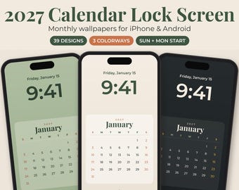 2027 Calendar Lock Screen Wallpaper, iPhone Android Monthly Background, Minimalist Phone Planner, Dark Mode