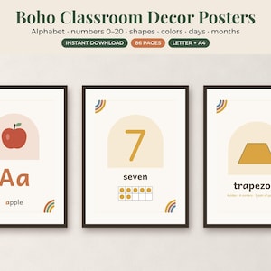 May include: Three educational posters with a cream background and dark brown frames. The first shows a red apple and the text 'Aa apple'. The second shows the number 7 and the word 'seven'. The third shows a yellow trapezoid and the word 'trapezoid'.
