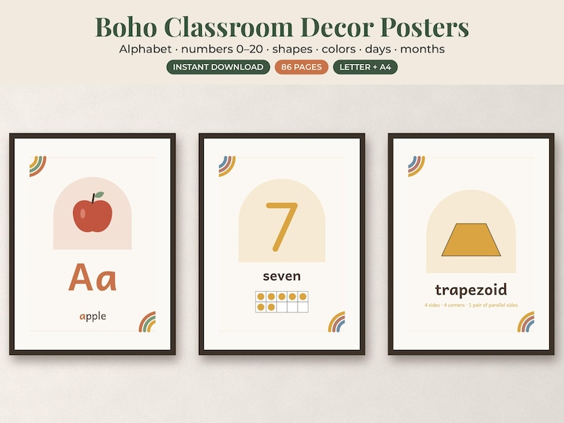 May include: Three educational posters with a cream background and dark brown frames. The first shows a red apple and the text 'Aa apple'. The second shows the number 7 and the word 'seven'. The third shows a yellow trapezoid and the word 'trapezoid'.