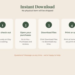 May include: An instructional graphic titled Instant Download with four numbered steps in dark green circles. The steps are: 1. Buy & check out, 2. Open your purchases, 3. Download files, 4. Print or open. Text below includes instructions and a contact note.