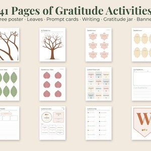 May include: A collection of 41 pages of gratitude activities featuring a tree poster, leaves, prompt cards, writing sheets, a gratitude jar, and a banner. The pages include various illustrations of trees, leaves in green and pink, and text prompts.