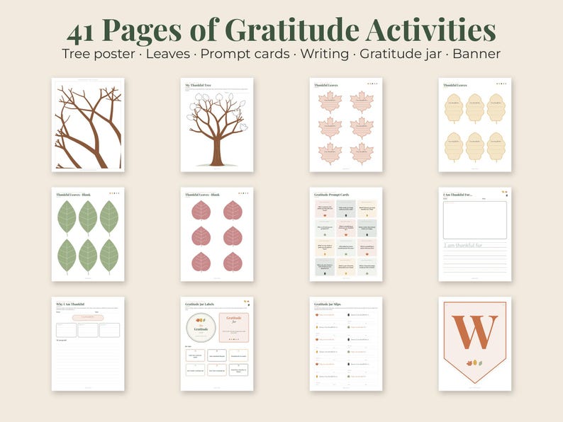 May include: A collection of 41 pages of gratitude activities featuring a tree poster, leaves, prompt cards, writing sheets, a gratitude jar, and a banner. The pages include various illustrations of trees, leaves in green and pink, and text prompts.