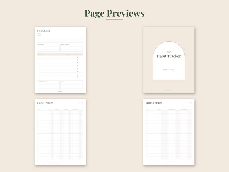May include: A set of four habit tracker pages featuring a beige cover with an arch design labeled 2027 Habit Tracker, a Habit Goals page with lined sections, and two Habit Tracker grid pages with columns for daily tracking and notes.