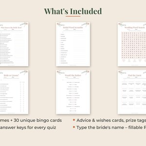 May include: A set of six white wedding game sheets featuring floral accents at the top. The titles include Who Knows the Bride Best, Bridal Word Scramble, Wedding Word Search, Bride or Groom, Would She Rather, and Find the Guest, with text in black.