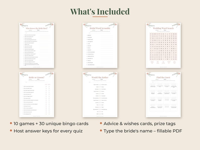 May include: A set of six white wedding game sheets featuring floral accents at the top. The titles include Who Knows the Bride Best, Bridal Word Scramble, Wedding Word Search, Bride or Groom, Would She Rather, and Find the Guest, with text in black.