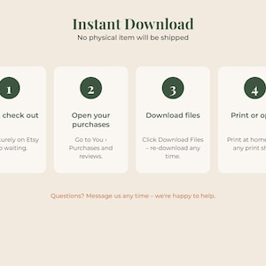May include: An instructional graphic titled Instant Download with four numbered steps in dark green circles. The steps are: 1. Buy & check out, 2. Open your purchases, 3. Download files, 4. Print or open. Text below includes instructions and a contact note.