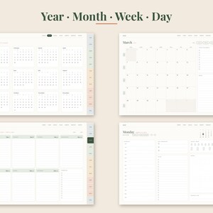 Puede incluir: Una interfaz de planificador digital que muestra cuatro vistas: A&ntilde;o, Mes, Semana y D&iacute;a. El dise&ntilde;o presenta un fondo blanco roto con texto en verde oscuro, incluyendo los encabezados Year, Month, Week, Day, 2027, March y Monday.