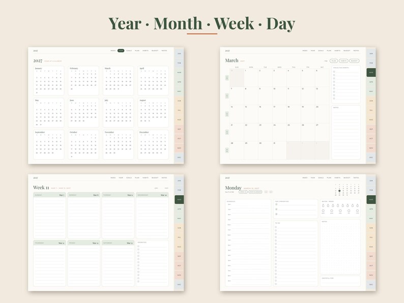 Puede incluir: Una interfaz de planificador digital que muestra cuatro vistas: A&ntilde;o, Mes, Semana y D&iacute;a. El dise&ntilde;o presenta un fondo blanco roto con texto en verde oscuro, incluyendo los encabezados Year, Month, Week, Day, 2027, March y Monday.