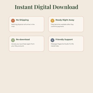 May include: An informational graphic titled Instant Digital Download with four numbered sections. Section 1: No Shipping, nothing physical arrives. Section 2: Ready Right Away, files available after payment. Section 3: Re-download, access via Etsy account. Section 4: Friendly Support, message Pagevine Studio.