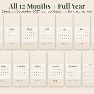 May include: A digital calendar set for the year 2027 featuring twelve individual monthly pages and one full-year overview page. Each page displays the month name, days of the week, and numerical dates in a neutral beige color scheme with small icons.