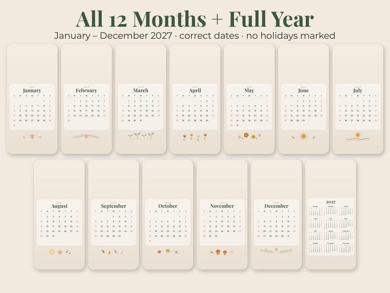 May include: A digital calendar set for the year 2027 featuring twelve individual monthly pages and one full-year overview page. Each page displays the month name, days of the week, and numerical dates in a neutral beige color scheme with small icons.