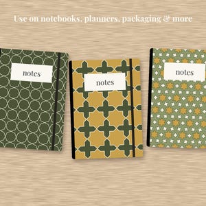 May include: Three rectangular notebooks with elastic closures, each featuring a white label with the text "notes". The covers display geometric patterns in shades of olive green, mustard yellow, and sage green. Text above reads: Use on notebooks, planners, packaging & more.