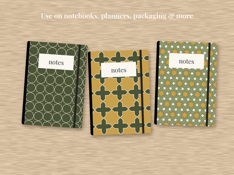 May include: Three rectangular notebooks with elastic closures, each featuring a white label with the text "notes". The covers display geometric patterns in shades of olive green, mustard yellow, and sage green. Text above reads: Use on notebooks, planners, packaging & more.