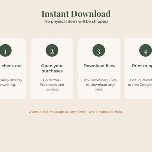 May include: An instructional graphic titled Instant Download with four numbered steps in dark green circles. Steps include: 1. Buy & check out, 2. Open your purchases, 3. Download files, 4. Print or open. Text explains the digital process and support.
