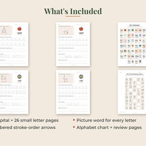 May include: A collection of educational worksheets featuring alphabet practice pages with numbered stroke-order arrows, letter tracing lines, and corresponding picture words. Includes an alphabet chart and a fill-in-the-missing-letters page with a light beige background.