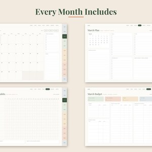 Puede incluir: Un dise&ntilde;o de planificador digital que presenta cuatro p&aacute;ginas distintas tituladas Every Month Includes, March, March Plan, March Habits y March Budget. Cada p&aacute;gina muestra una interfaz blanca y limpia con cuadr&iacute;culas, listas y pesta&ntilde;as organizadas.