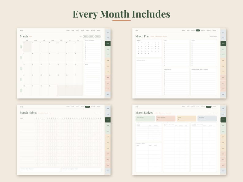 Puede incluir: Un dise&ntilde;o de planificador digital que presenta cuatro p&aacute;ginas distintas tituladas Every Month Includes, March, March Plan, March Habits y March Budget. Cada p&aacute;gina muestra una interfaz blanca y limpia con cuadr&iacute;culas, listas y pesta&ntilde;as organizadas.
