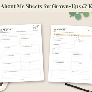 May include: Two white paper sheets titled All About Me and All About Me! featuring fill-in-the-blank sections for personal information, favorite foods, books, and goals. The sheets include small green leaf and gold star illustrations.