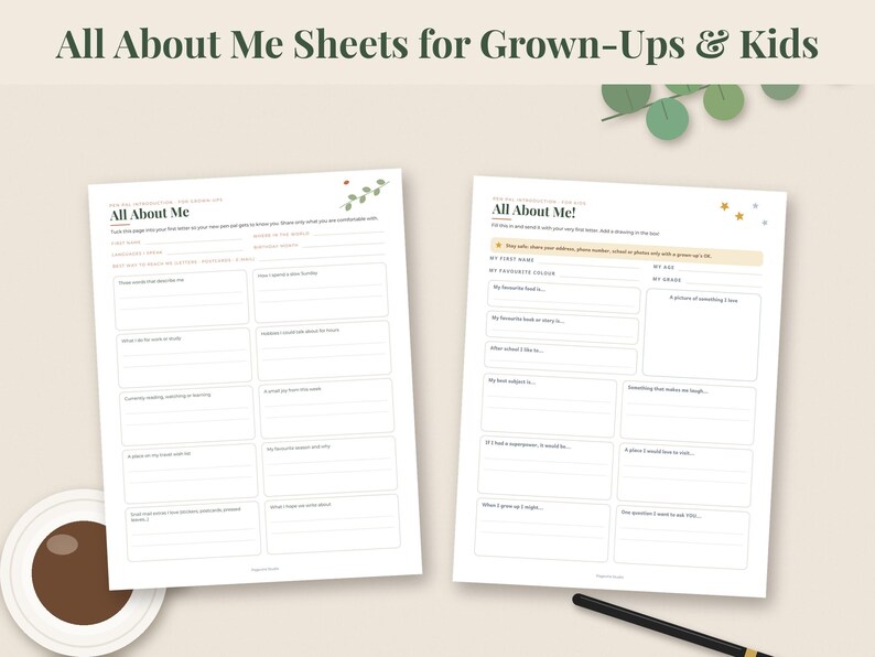 May include: Two white paper sheets titled All About Me and All About Me! featuring fill-in-the-blank sections for personal information, favorite foods, books, and goals. The sheets include small green leaf and gold star illustrations.