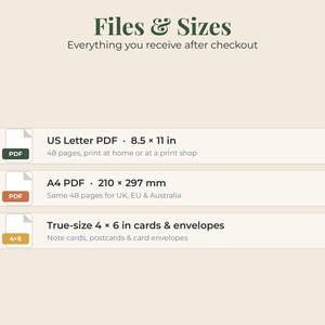 May include: A digital file information graphic titled Files & Sizes. It lists three options: a 48-page US Letter PDF at 8.5 x 11 inches, a 48-page A4 PDF at 210 x 297 mm, and true-size 4 x 6 inch cards and envelopes for note cards and postcards.