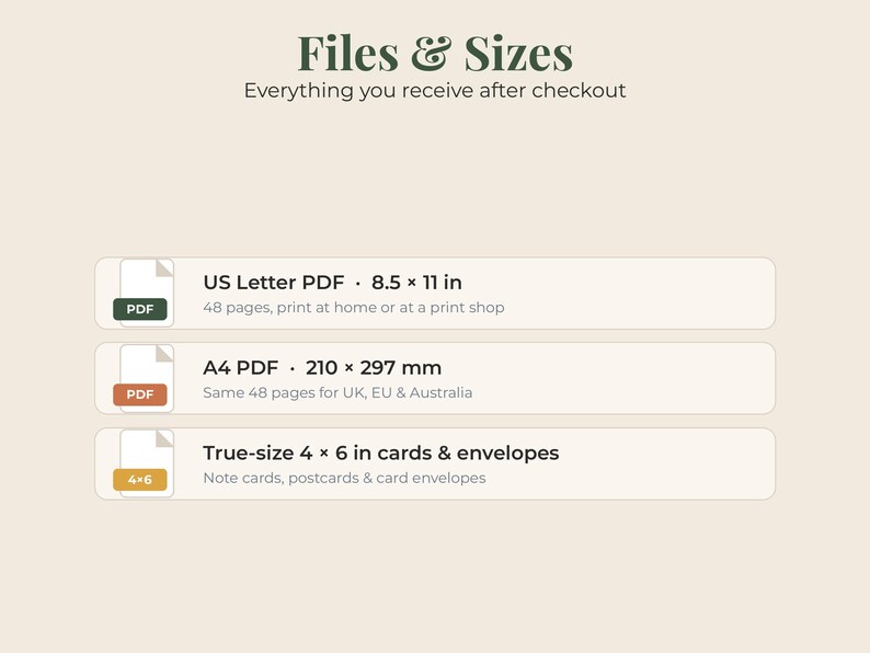 May include: A digital file information graphic titled Files & Sizes. It lists three options: a 48-page US Letter PDF at 8.5 x 11 inches, a 48-page A4 PDF at 210 x 297 mm, and true-size 4 x 6 inch cards and envelopes for note cards and postcards.