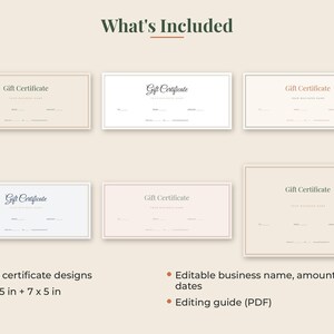 May include: Six rectangular gift certificate templates with varying border styles and typography. The text reads What's Included, Gift Certificate, 5 gift certificate designs, 8 x 3.5 in + 7 x 5 in, Editable business name, amount & dates, and Editing guide (PDF).