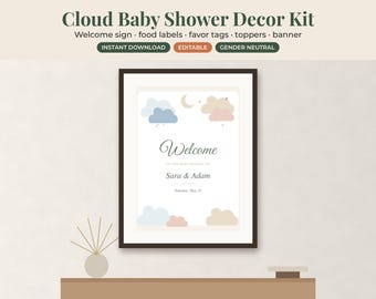 Utskrivbara babyshowerdekorationer, molnvälkomstskylt, matetiketter, presentetikettkit